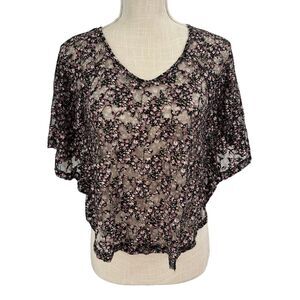 Kirra‎ Top Womens XS Black Mesh Lace Ditsy Floral Stretch Sheer Oversized Blouse